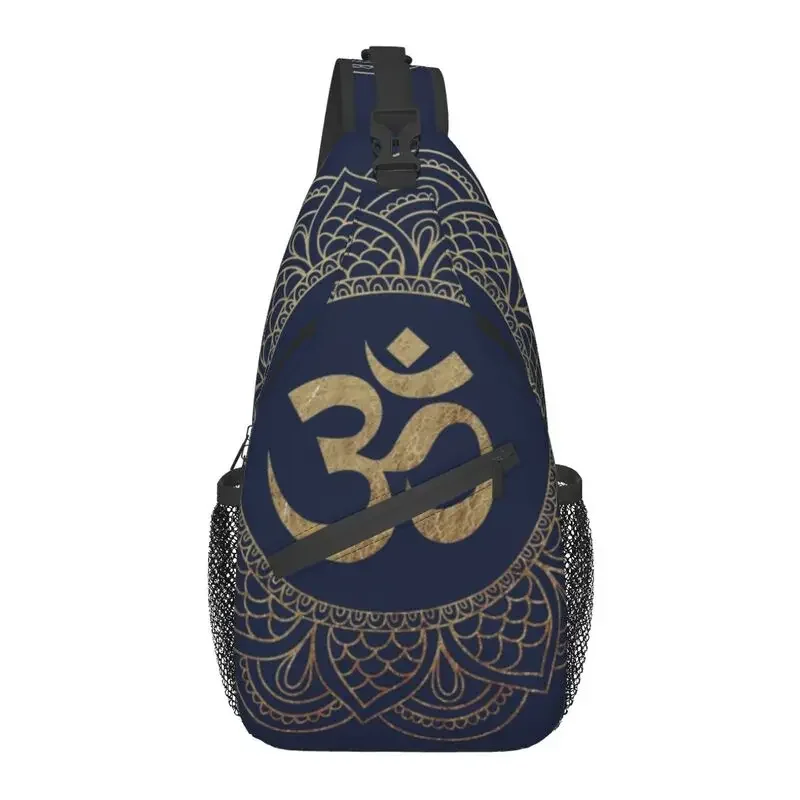 

Gold Om Mandala Sling Chest Bag Buddhism Aum Yoga Meditation Crossbody Shoulder Backpack for Men Cycling Camping Daypack