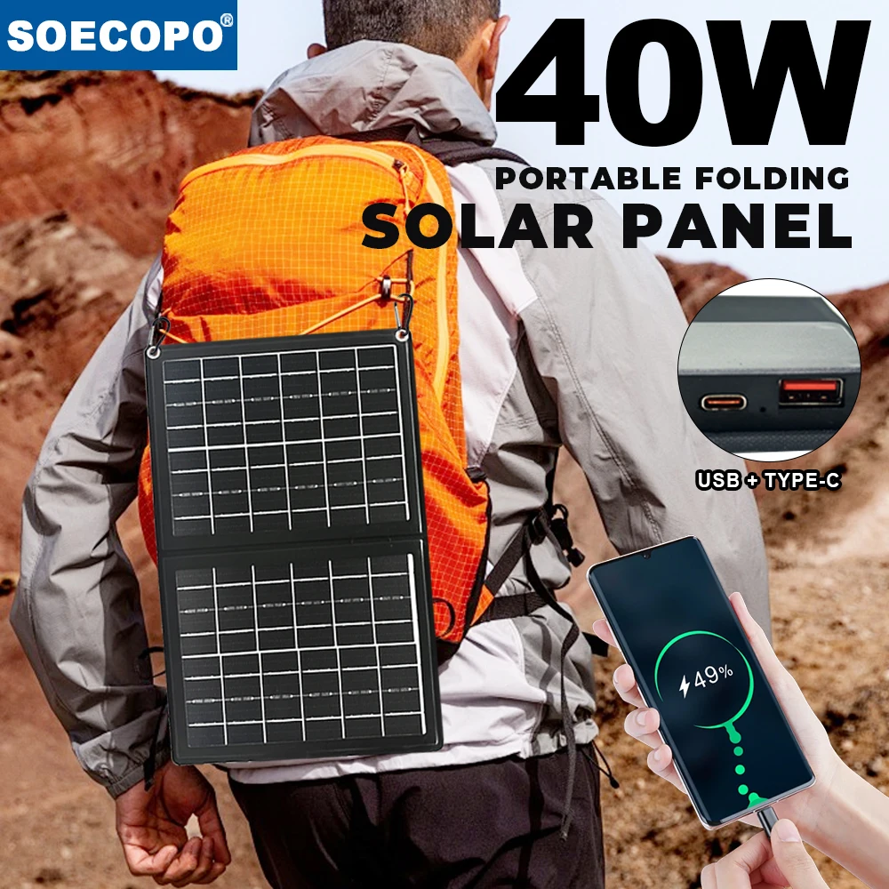 SOECOPO 40 W tragbare Outdoor-Aktivitäten, faltbares Solarpanel, Powerbank, USB + Typ – C, Camping-Ladetelefon, praktisch, 5 V