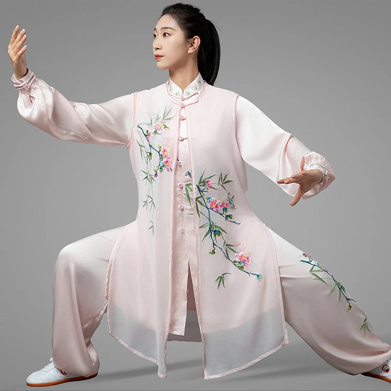 Women's Summer Tai Chi Suit - Breathable Acetate Satin Embroidered Pink Green Branch Long Sleeve Baduanjin Performance Set