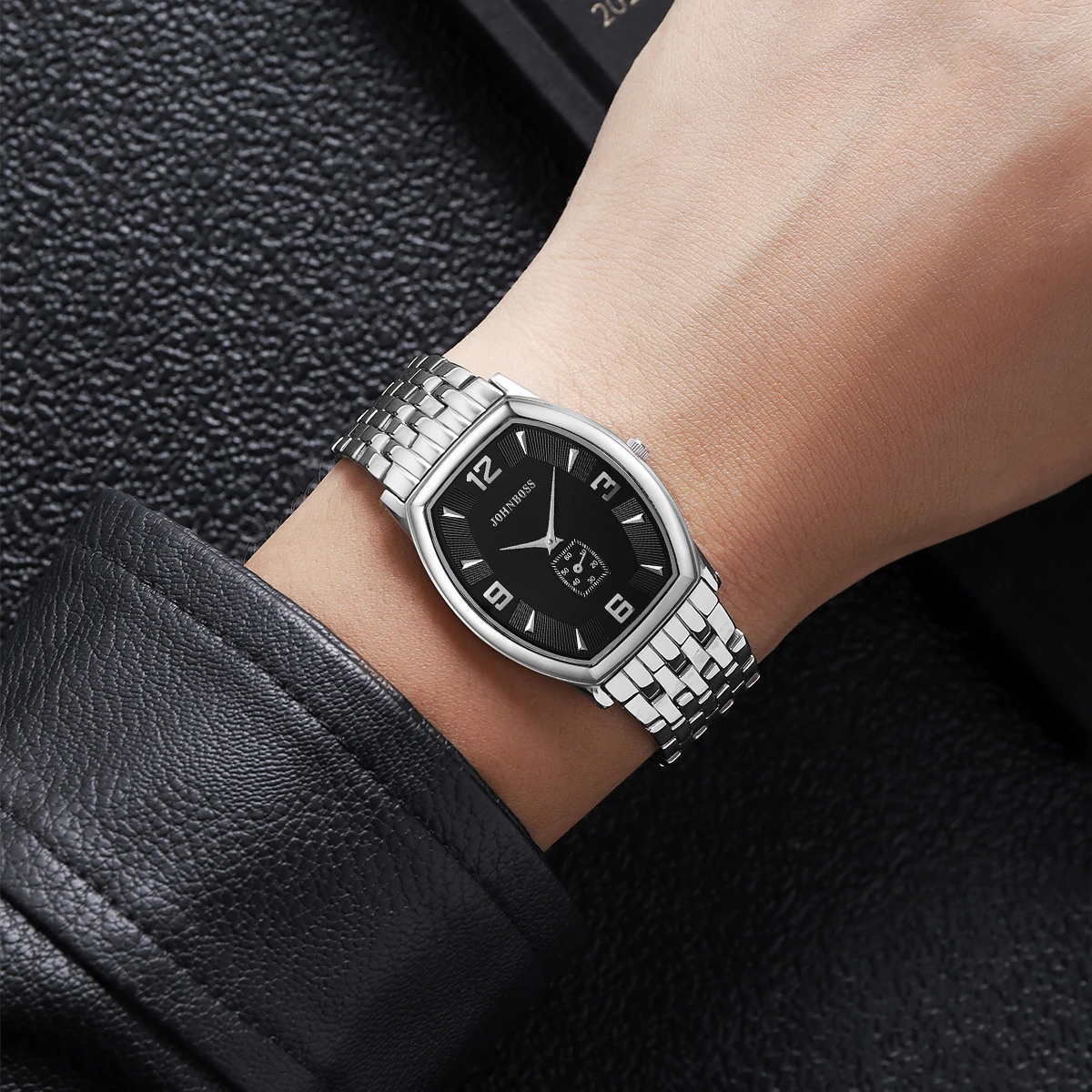 JS tonneau 6 мм часы из нержавеющей стали черные мужские швейцарские кварцевые часы с сапфировым стеклом и цифрами деловые простые деловые часы