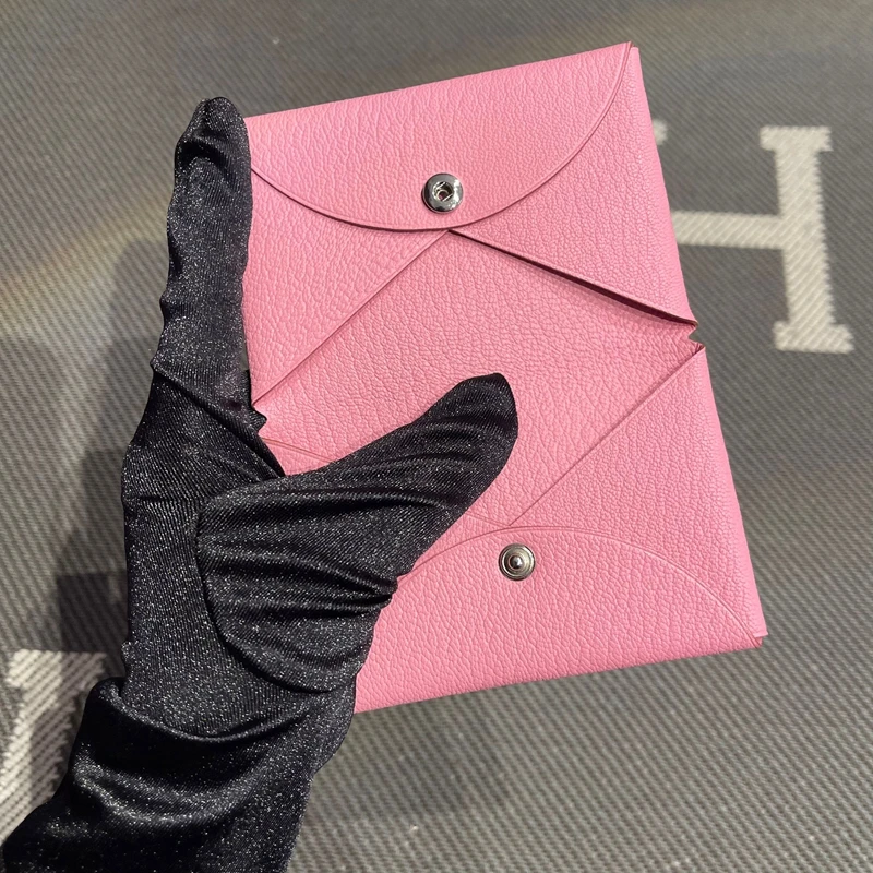 Sakura Pink Genuine Lambskin Key Coin Document Wallet Button Closure Pouch Leather Wallet Compact Size for Men And Women