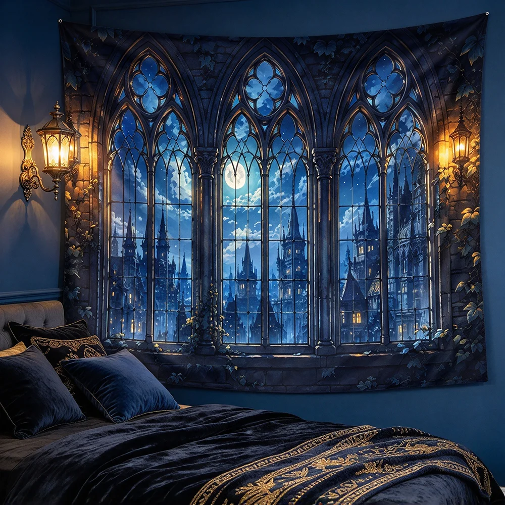 1PCS Tapestry, Gothic Castle Window Night Blue Moon Scene, Holiday Party Decoration for Home Studio Wall