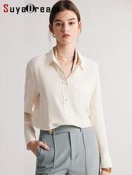 SuyaDream Women White Shirts 100%Silk Crepe De Chine Single Breasted Chest Pocket Blouses 2023 Spring Summer Office Lady Top