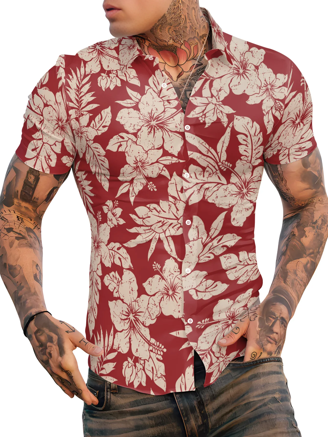 Flower Men\'s Hawaiian Shirts, Summer Beach Casual Short Sleeve Button Down Shirts, Tropical Holiday Beach Shirts with Pocket