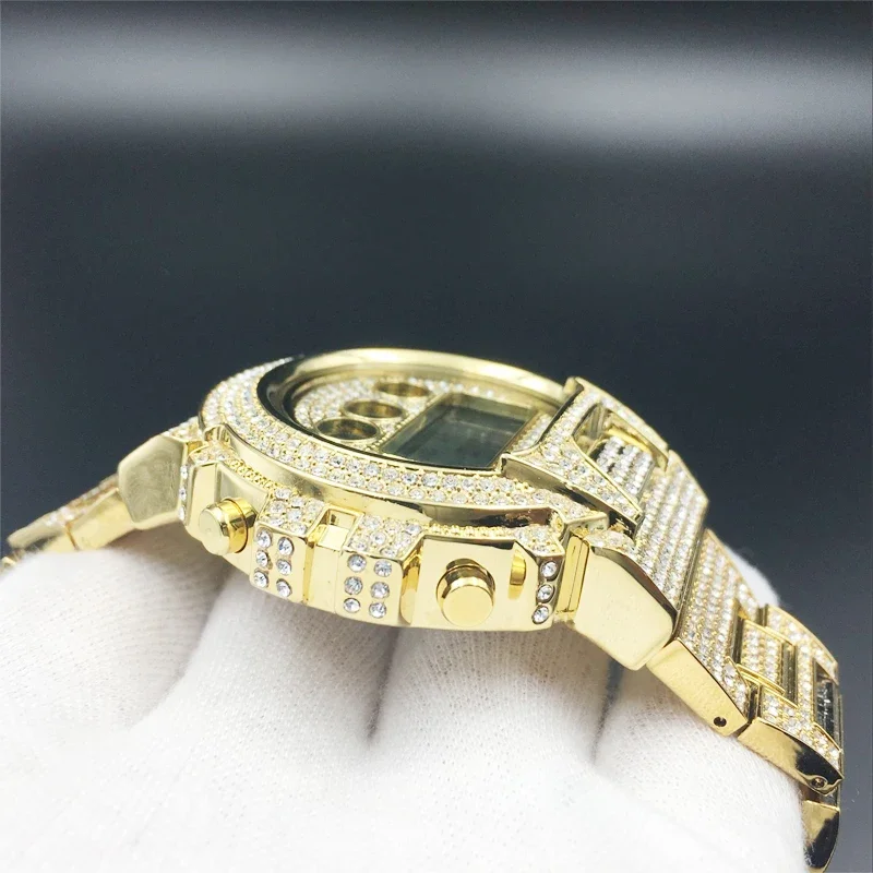 Reloj de oro de 18k para Hombre, pulsera de cuarzo con diamantes completos, LED, Digital, estilo Hip Hop, envío directo