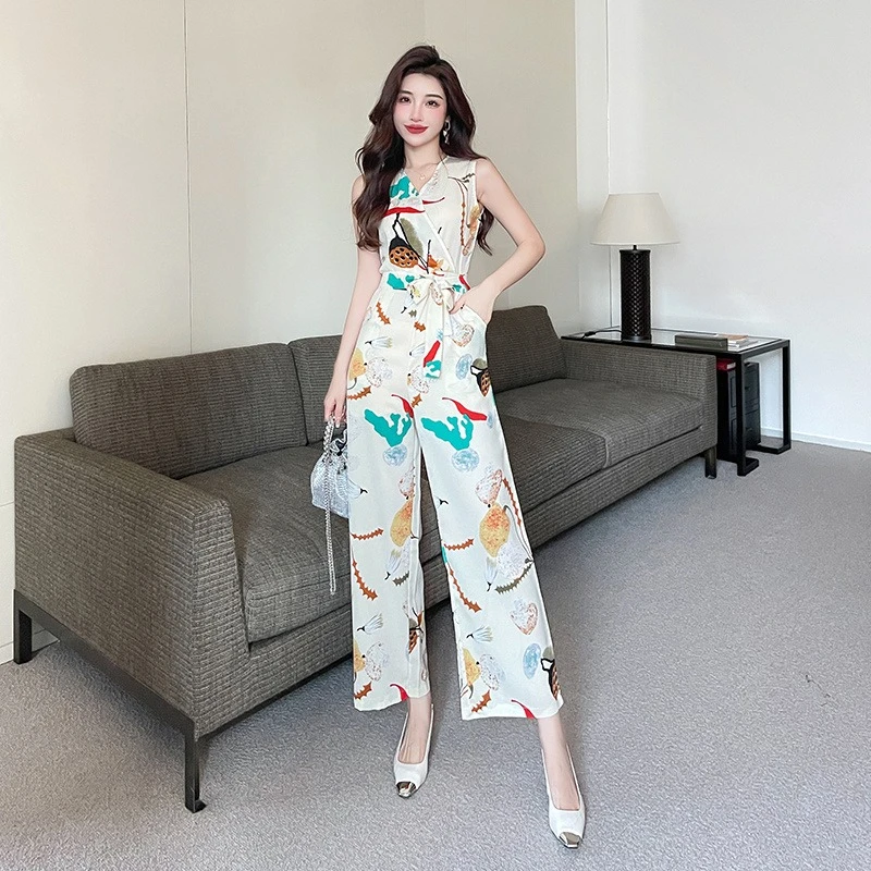 

Women Spring 2026 Printed High Waist Slim Fit Belted Wide Leg Jumpsuit Korean Style Elegant Casual Romper for Daily Wear​