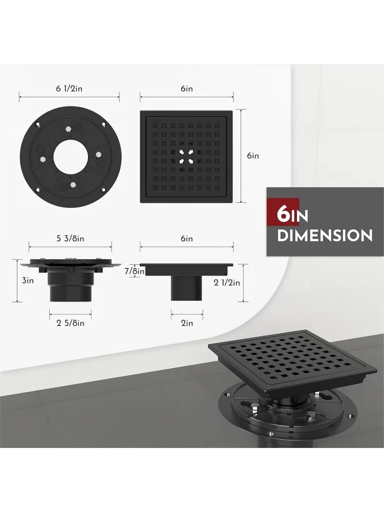 6 Inch Square Shower Floor Drain with Flange,Quadrato Pattern Grate Removable,Food-Grade SUS 304 Stainless Steel,Watermark