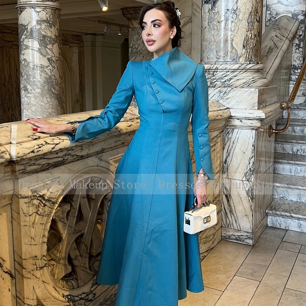 Party Dresses Midi Long Sleeves A Line Light Blue Elegant Cocktail Gowns for Women 2025 Tea Length Buttons Wedding Prom Dress image 2