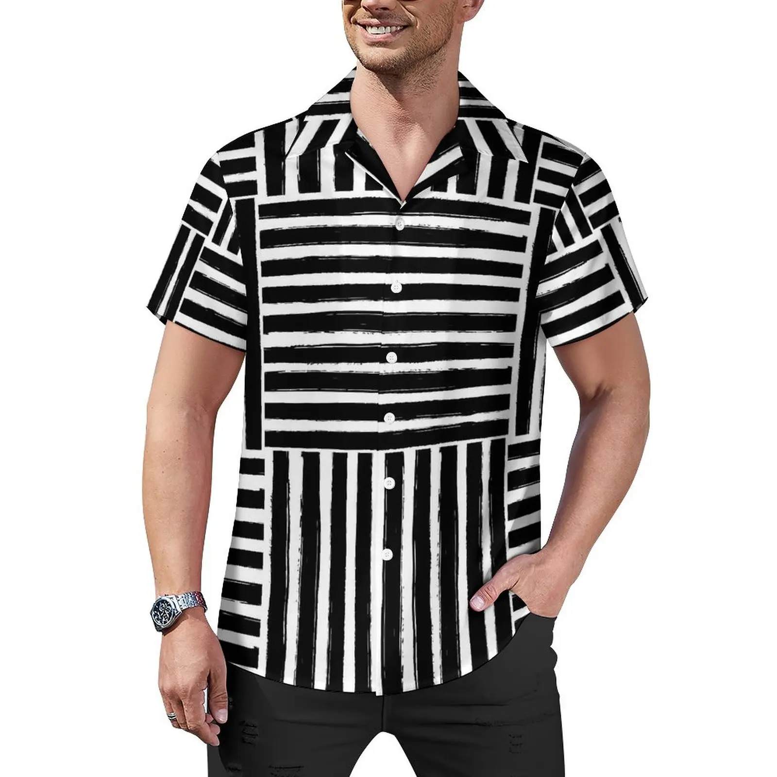 Camisa havaiana listrada retrô masculina, blusas de férias, camisas casuais, manga curta, respirável, blusa plus size, linhas pretas e brancas, novidade