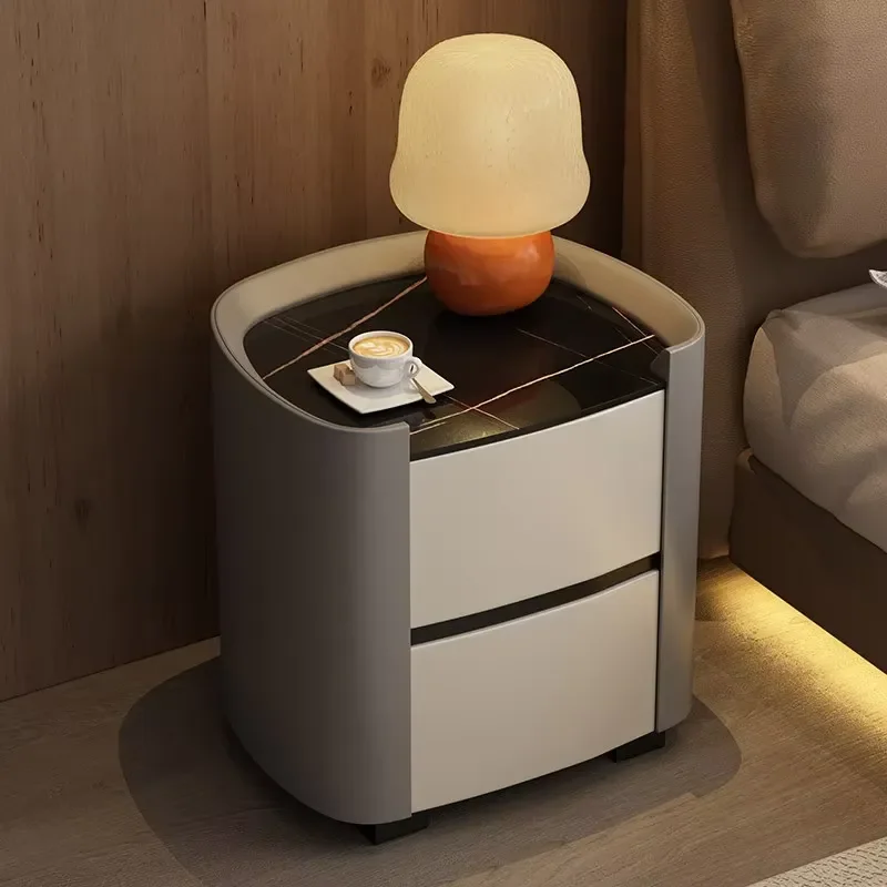 Light Rock Board Bedside Table, Modern, Simple and High-end, Household Solid Wood Bedroom Storage Cabinet