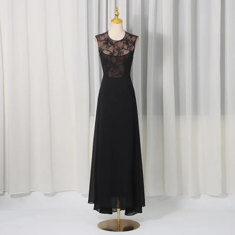 

Black Lace Crew Neck Maxi Dress, Sleeveless Chiffon Evening Gown, Lace Panel Formal Dress, Elegant Romantic Maxi Dress
