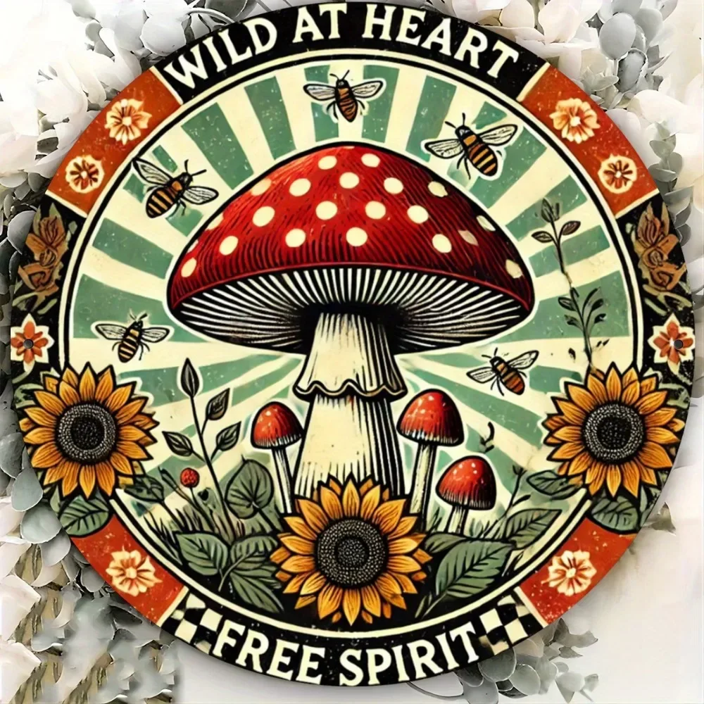 لافتة معدنية على شكل عباد الشمس والنحل والفطر، فن معلق من الحديد الدائري المطبوع المسطح، ديكور جداري مقاس 8 بوصات لنوادي الحانات والمقاهي #5