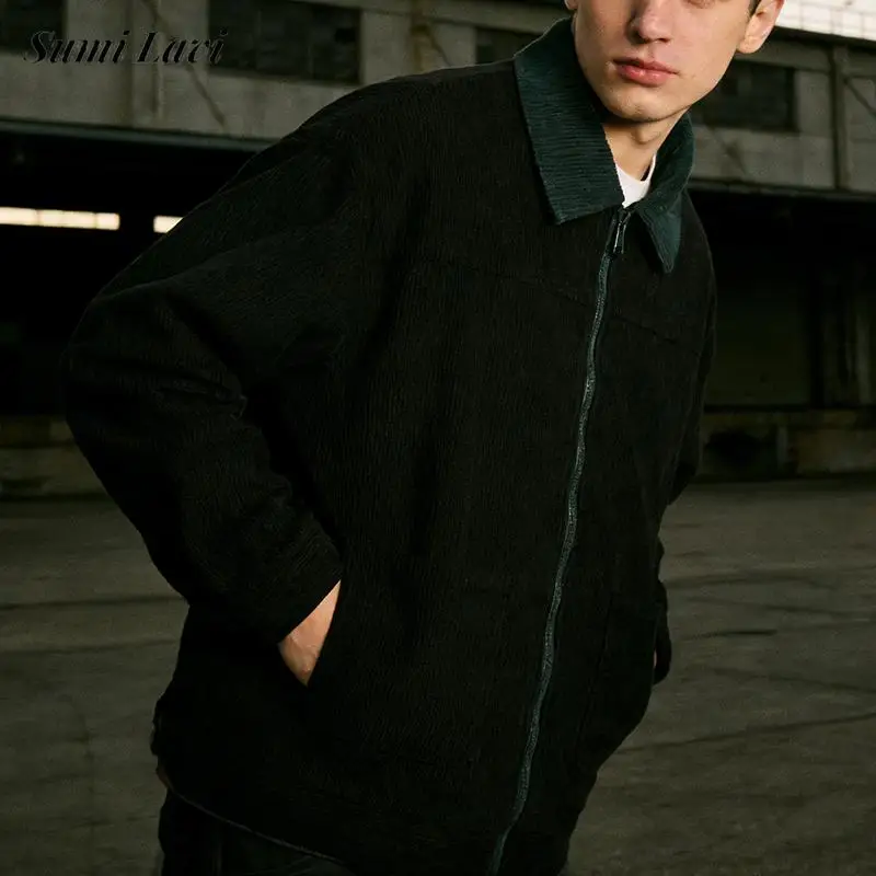 

Trendy Mens Zip-up Jacket Corduroy Patchwork Contrast Color Textured Lapel Coat For Men Spring Outdoor Casual Jackets Streetwear