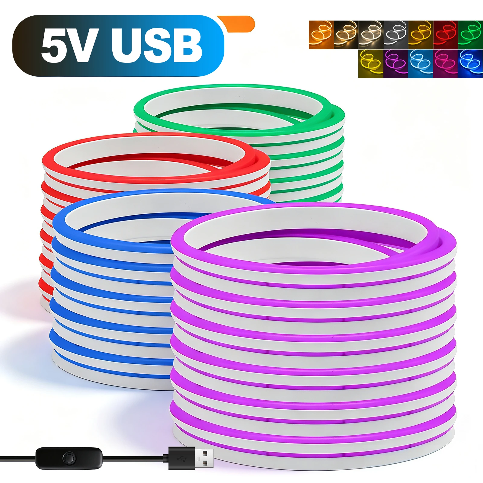 5V 2835 Waterproof Neon LED Strip Light With 1.5M Black USB Cable 501 Push Button Switch DIY Sign Backlight Decor Lamp 11 Colors