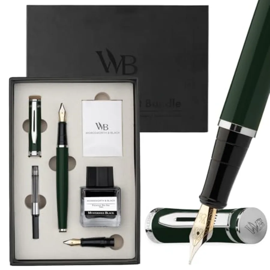

Fountain Pen Set18K Gilded Medium and Extra Fine Nib 25ML Black Ink Bottle 6 Ink Cartridges Refill Converter Gift Box Smooth Wr