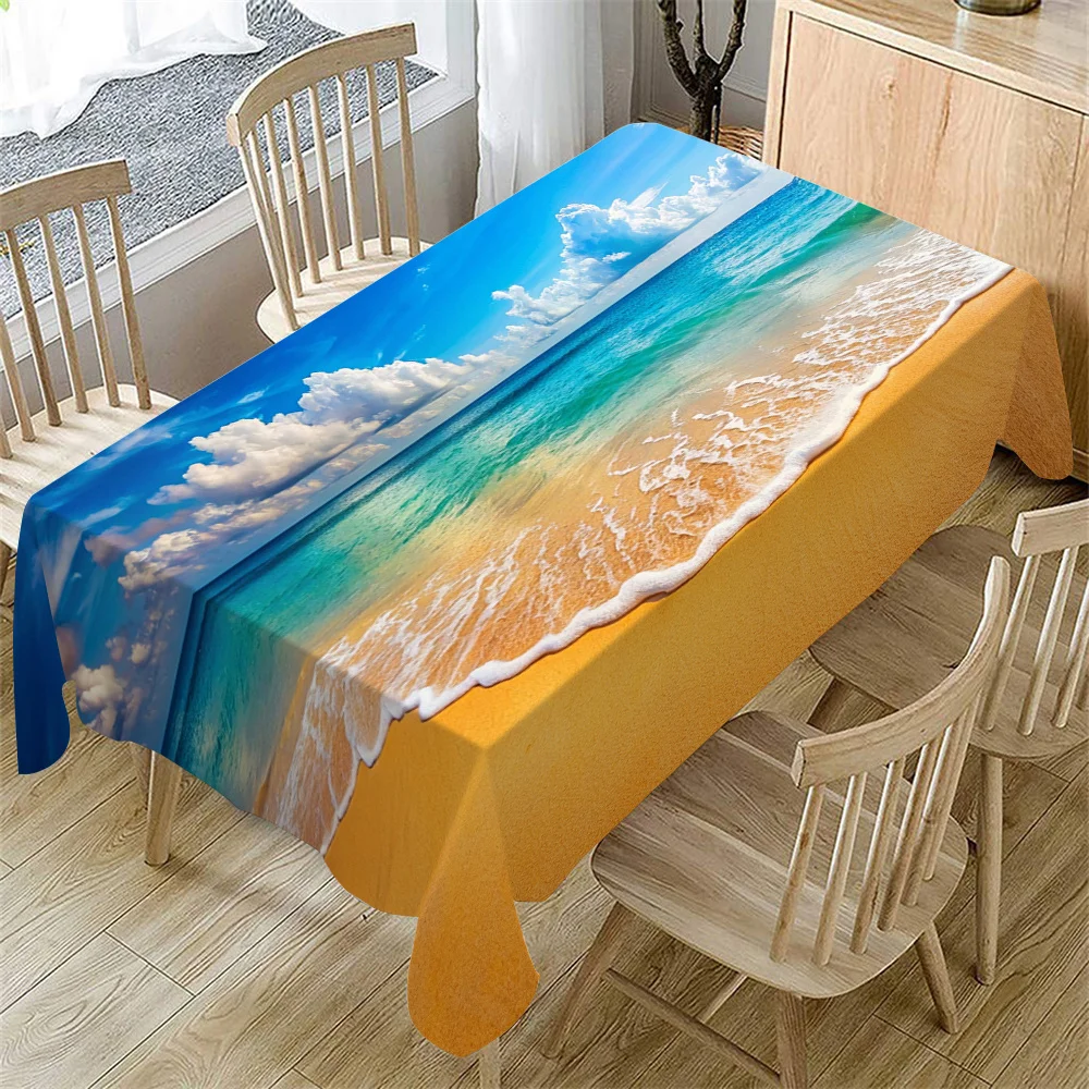 Summer Beach Scene Tablecloth - Rectangular, Washable Polyester with Sun and Sky Water Photo Design for Dining & Coffee Tables