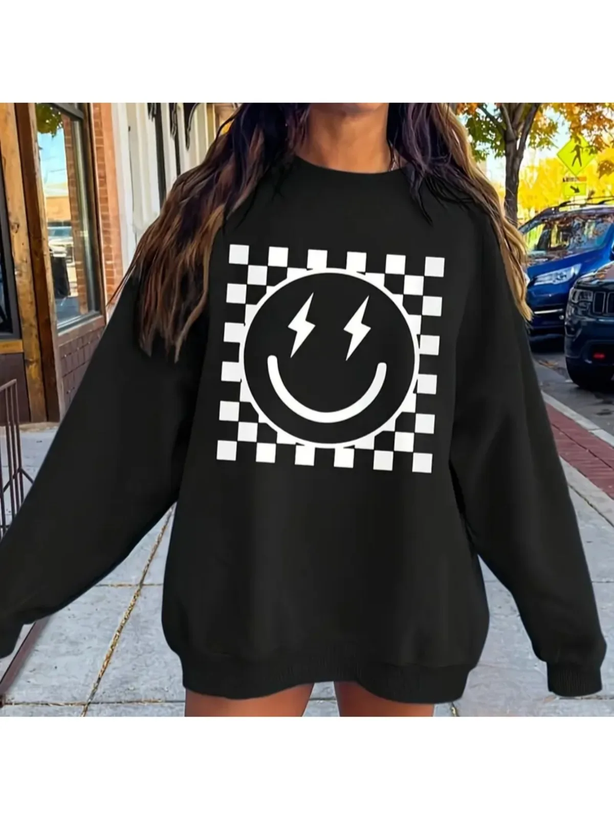 

Женская модная повседневная толстовка с круглым вырезом и геометрическим узором, пуловер с принтом «Радостное улыбающееся лицо», повседневный свободный удобный