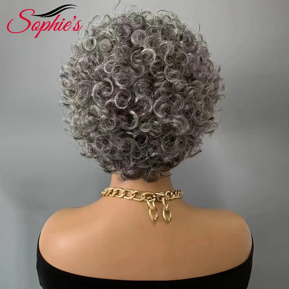 Sophies Gray  Color Human Hair Wigs Short Curly Wig Full Machine Made Wigs 180% Density Brazilian Hair Remy Hair For Women