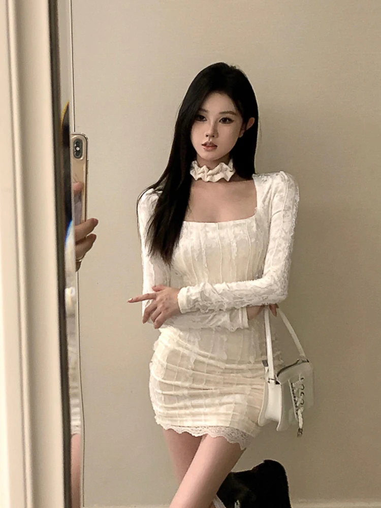 REDDACHiC Velvet Spliced Lace Mini Party Dress Women White Square Neck Long Sleeves Shirring One-piece Going Out Casual Clothes