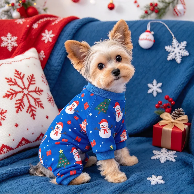 Christmas Dog Pajamas, Blue Santa Tree Claus Clothes for Small Dogs Boy Girl, Holiday Pet Outfit,Dog Sleepwear, Pet Loungewear