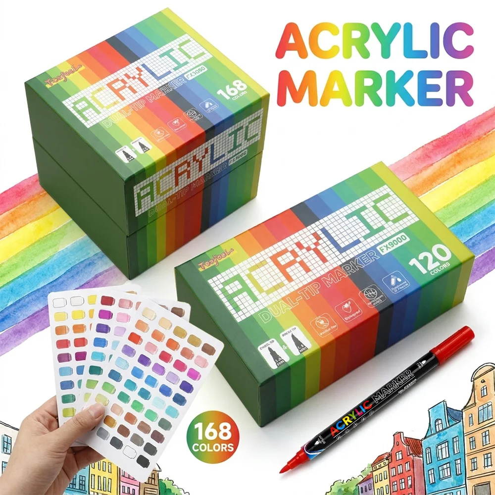 1 Piece of Dual-Tip Acrylic Marker Pen Set, Available in 96/120/168 Colors, Includes Classic Colors, Metallic Colors, Macaron Colors, and Skin Tones, Four Sets Available, Suitable for Students' Art Drawing, Water-Based Colored Pens for DIY Hand-Painting and Graffiti, Non-Bleeding, Washable, Quick-Drying