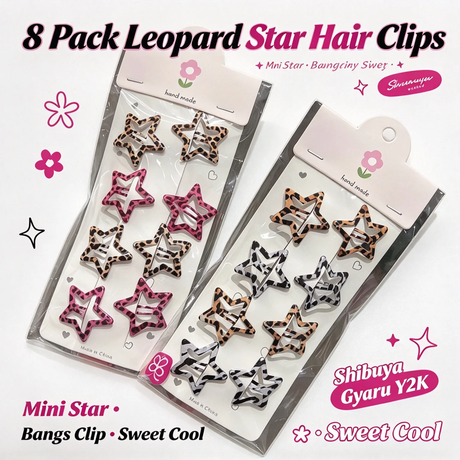 8 Pack Shibuya Gyaru Y2K Vintage Leopard Print Star Hair Clips Women Sweet Cool Bangs Side Hairpins Japanese Fashion Accessories