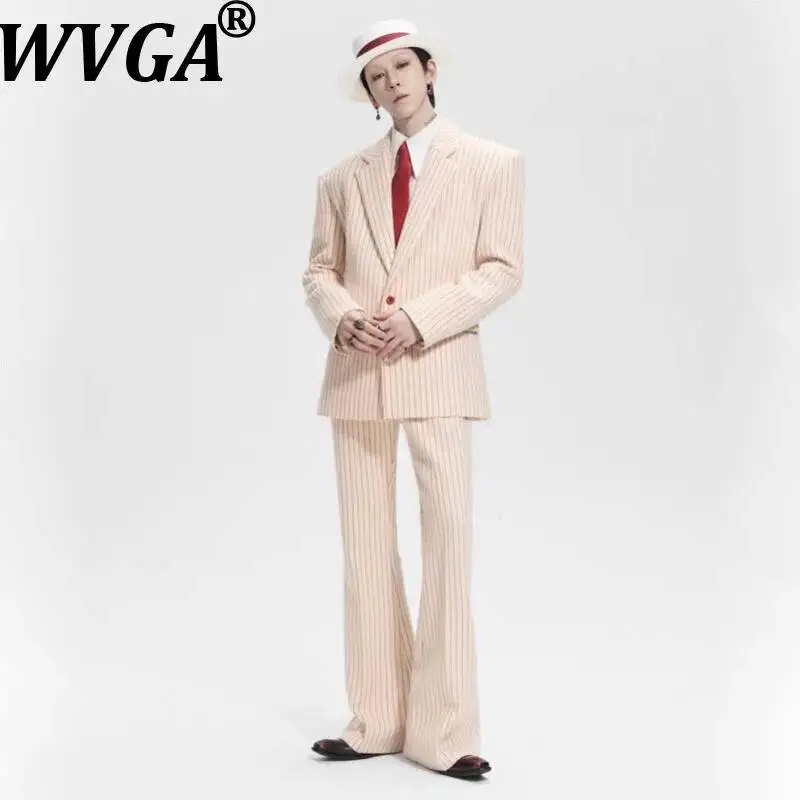 WVGA Spring Autumn New Men Striped Slim-Fit Padded Shoulder Single-Breasted Blazer Niche Casual Flared Pants 2 Pieces Set W26477