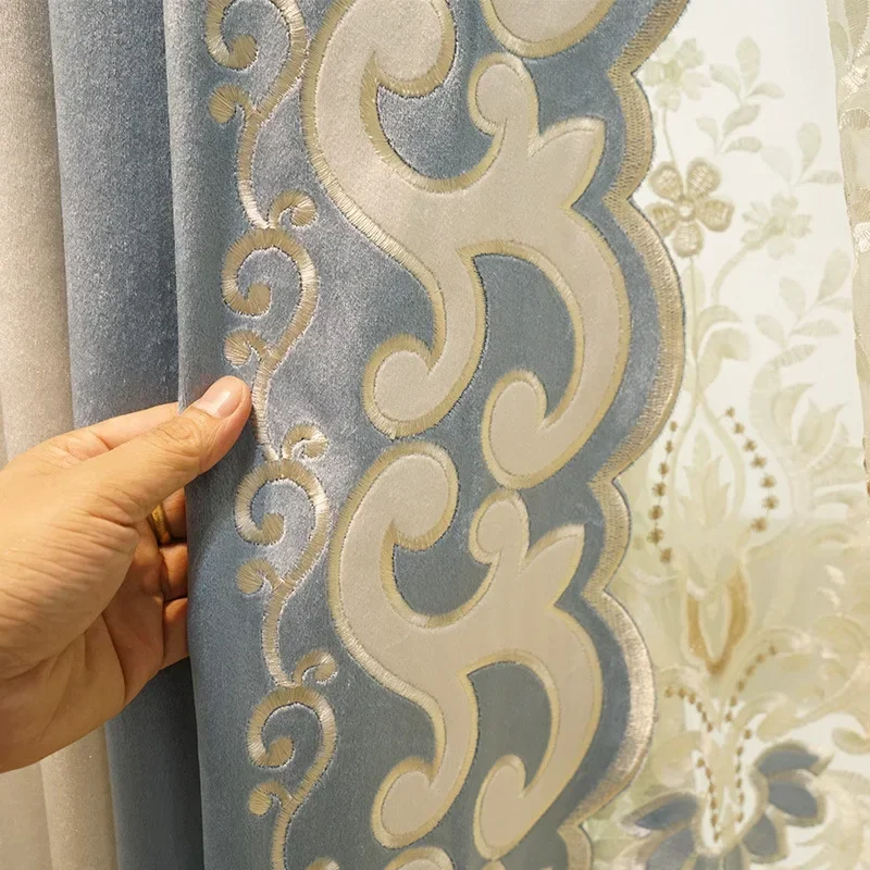 European Style Luxury Curtains for Living Dining Room Bedroomsimple Blue Italian  Solid Color Embroidery Elegant French Light