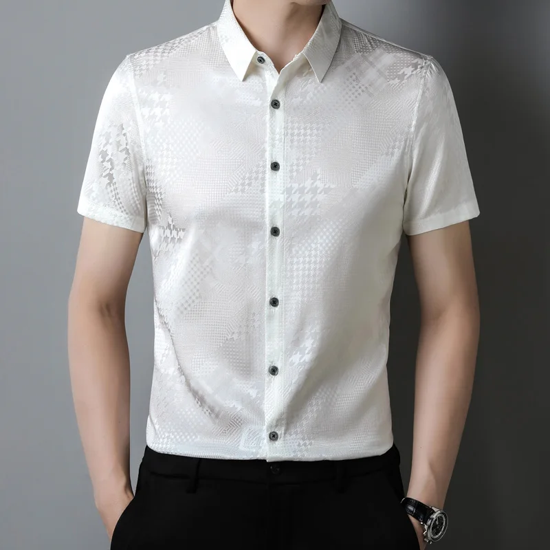 

Tcyeek High-end 93% Mulberry Real Silk Shirt Men Summer Short Sleeve Top Fashion Shirts for Man Clothes Print Camisa Masculina