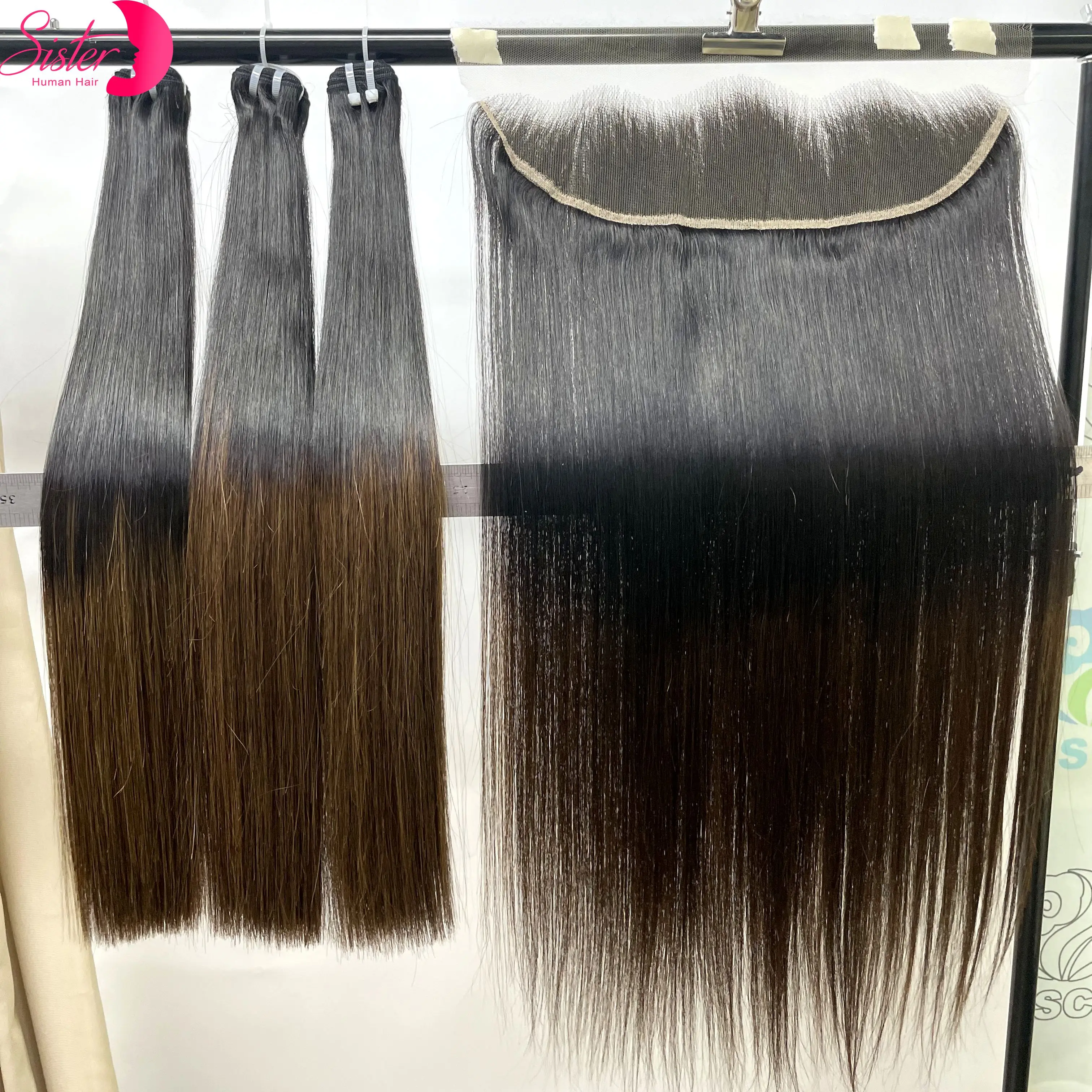 3/4+1 1BT4 Ombre Vietnamese Double Drawn Hair Bundles with 13x4 Frontal Raw Human Hair Bundles with 2x6/5x5 HD Lace Closure