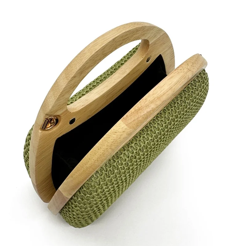 2025 New Fashion Designer Wooden Clip Dinner Bag Lady Party Show Temperament Straw Woven Purse Bag Summer Beach Bag Shoulder Bag