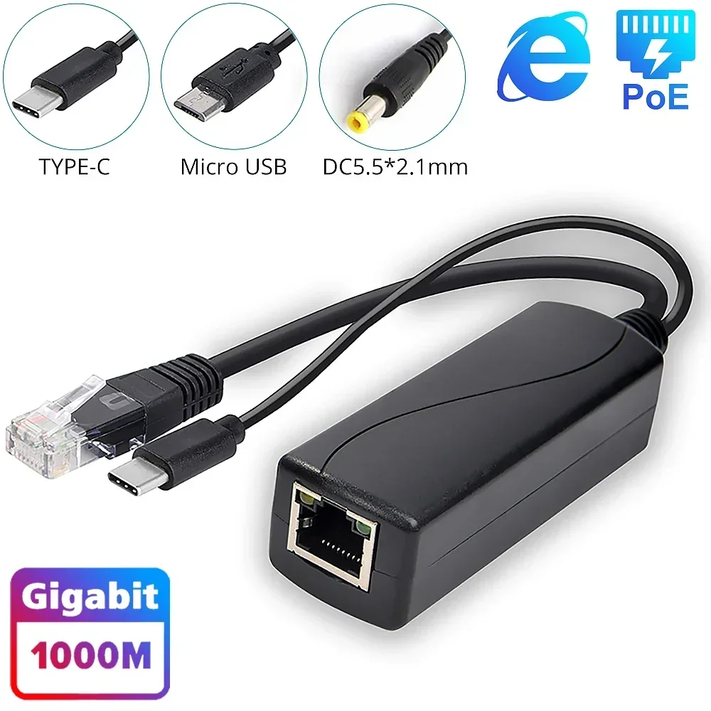 Gigabit PoE Splitter Micro USB/Type-C/DC 48V IEEE 802.3af/at 10/100/1000Mbps Power over Ethernet for IP Camera and Raspberry PI