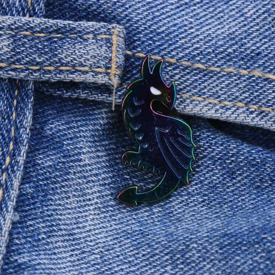 Iridescent Rainbow Dragon Enamel Lapel Pin, Fantasy Creature Punk Metal Brooch Badge, Shiny Color Shift Decor for Jackets