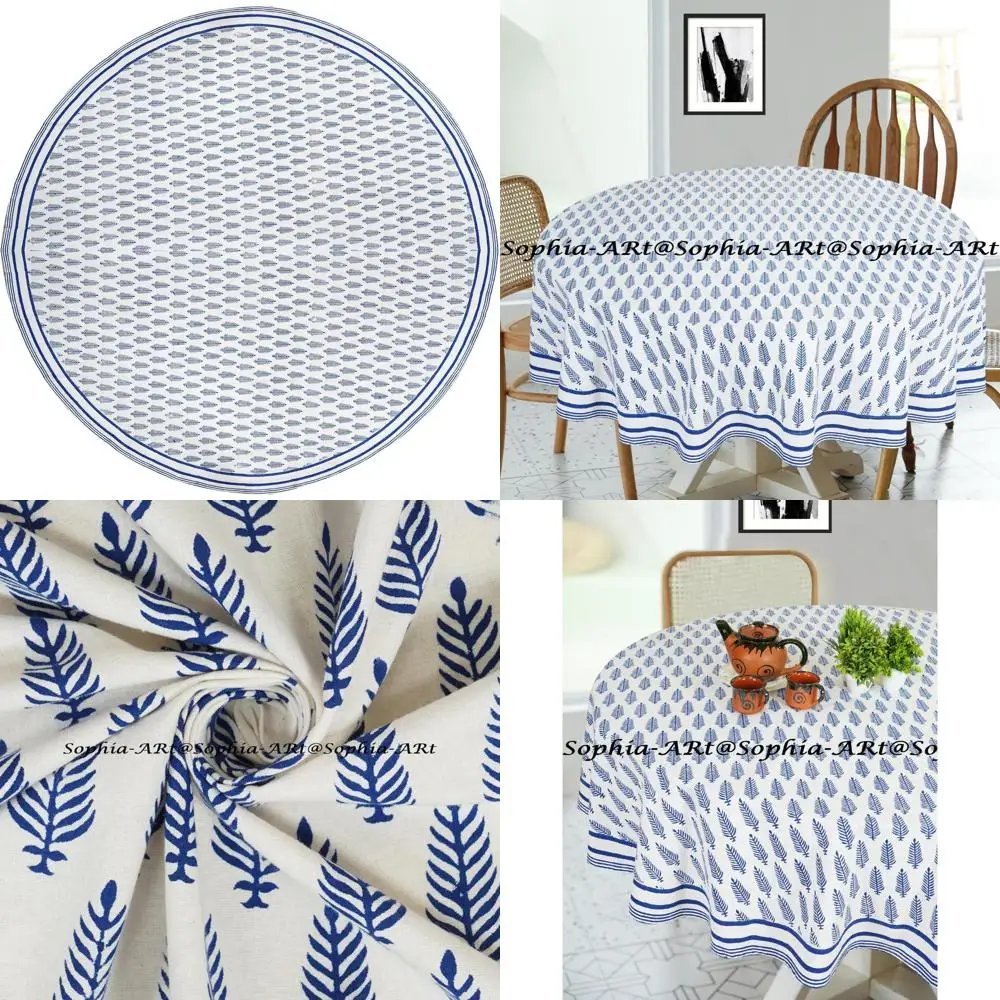 

Round 72-inch 6 Seater Outdoor Cotton Hand Block Printed Tablecloth, Washable for Patio, Camping, Holiday Party, Indoor Kitchen