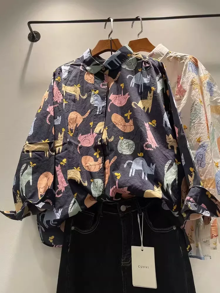 2026 Mori kei harajuku fashion cartoon printed long sleeve blouses oversized shirts for women autumn cotton oversized shirts