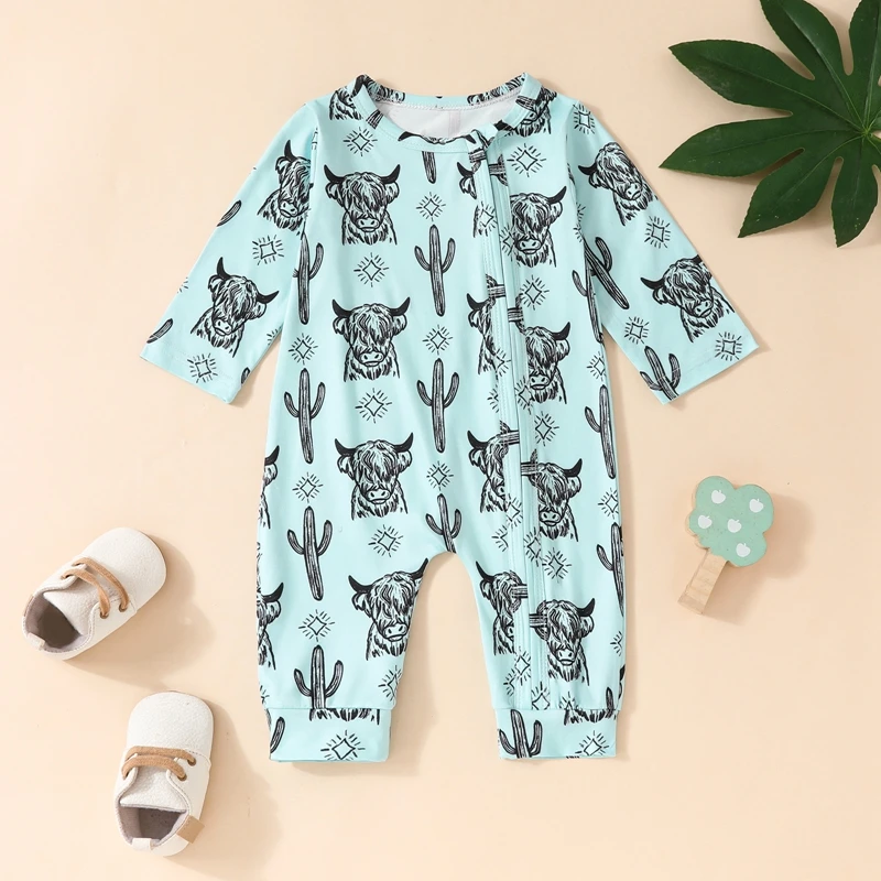 

2024-05-11 Lioraitiin Baby Fall Romper Western Bull Head Print Long Sleeves Round Neck Zip Front Full Length Jumpsuit