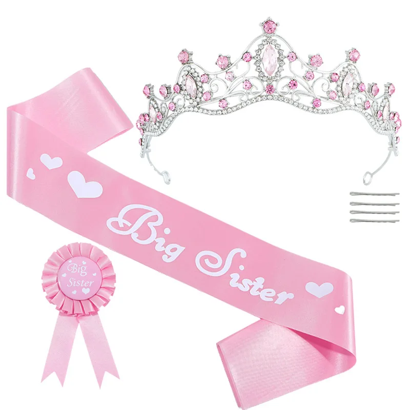 3pcs Big Sister Sash Ribbon Badge and Tiara Crown Set for Girls Birthday Baby Shower Big Sister To Be Party Supplies Decorations