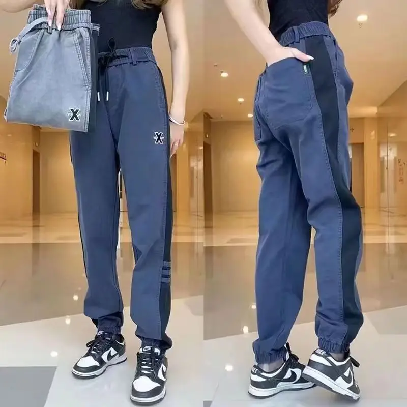 Jeans estivi da donna pantaloni Harem ricamati larghi pantaloni sportivi elasticizzati in Denim elasticizzato alla caviglia pantaloni neri Streetwear