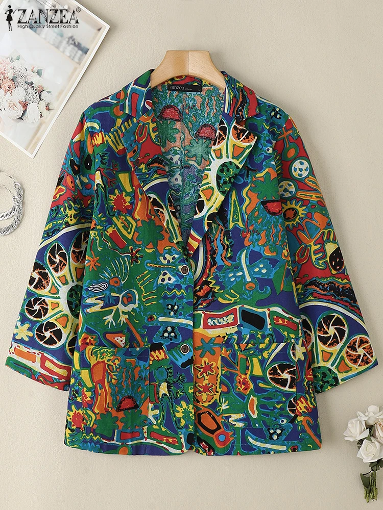 

ZANZEA женский осенний пиджак 2025, повседневный пиджак с лацканами и длинными рукавами, винтажный абстрактный принт, легкий вес из 100% хлопка