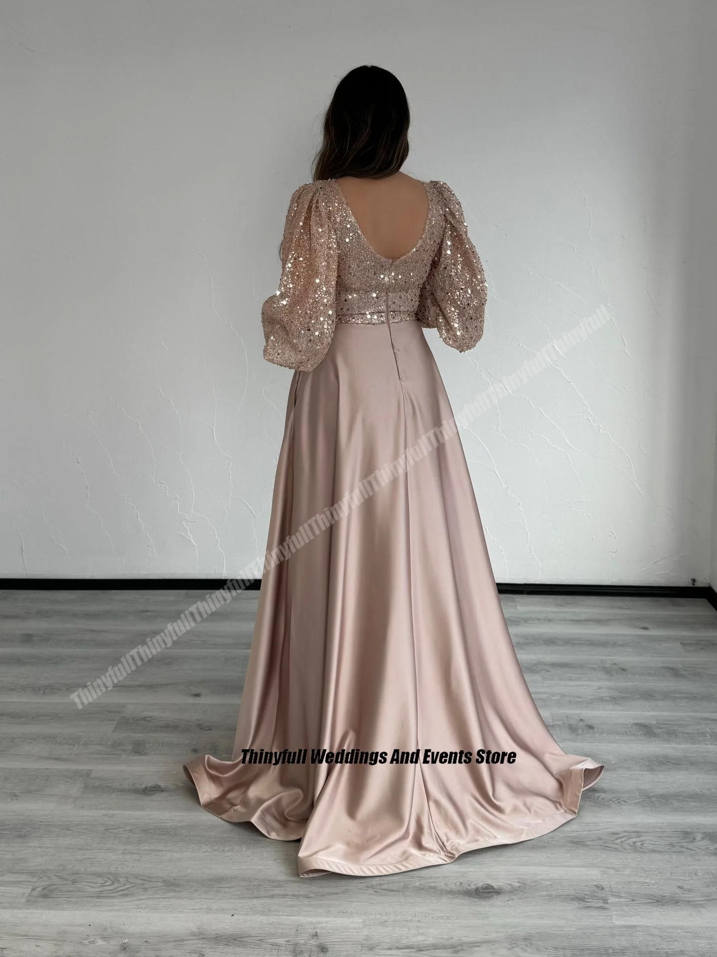 Thinyfull A-line Shiny Prom Dresses V-neck Puffy Sleeves Satin Sequined Evening Party Gowns Long 2024 Formal Occasion Dress