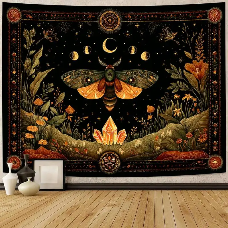 

Mystical Moth & Crystal Tapestry - Dark Boho Occult Wall Hanging for Witchy Esoteric Home Decor