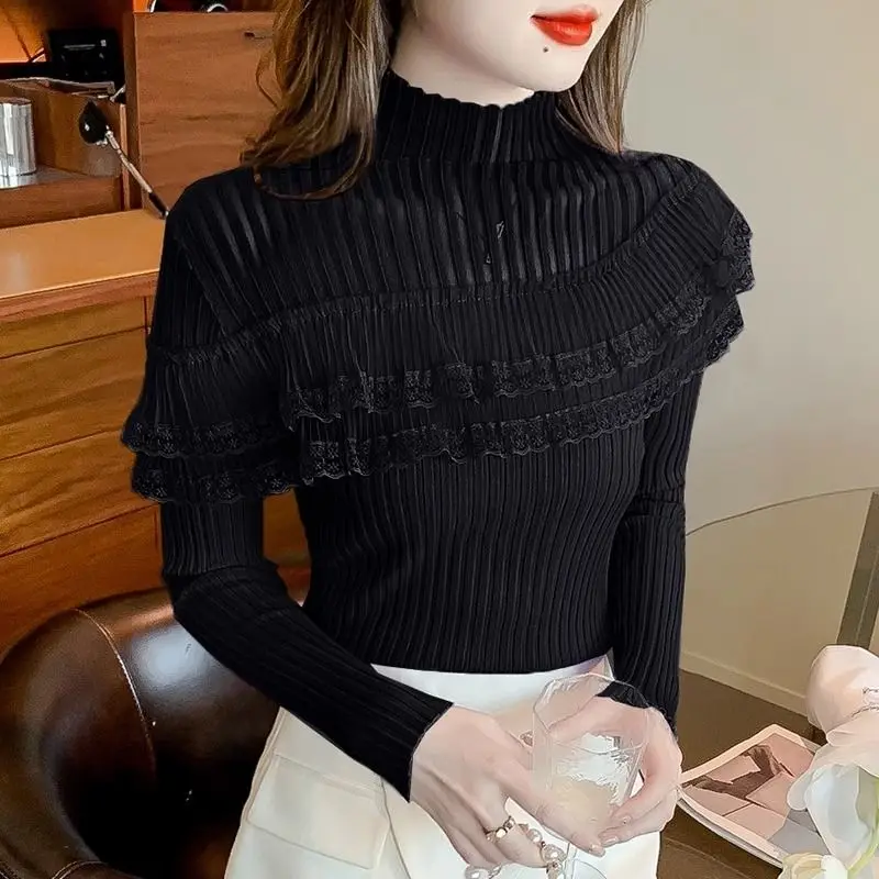 Korean Fashion Autumn/Winter Sweaters Pullovers New Women\'s Mock Neck Lace Ruffles Slim Long Sleeve Bottoming Shirt Knitted Tops