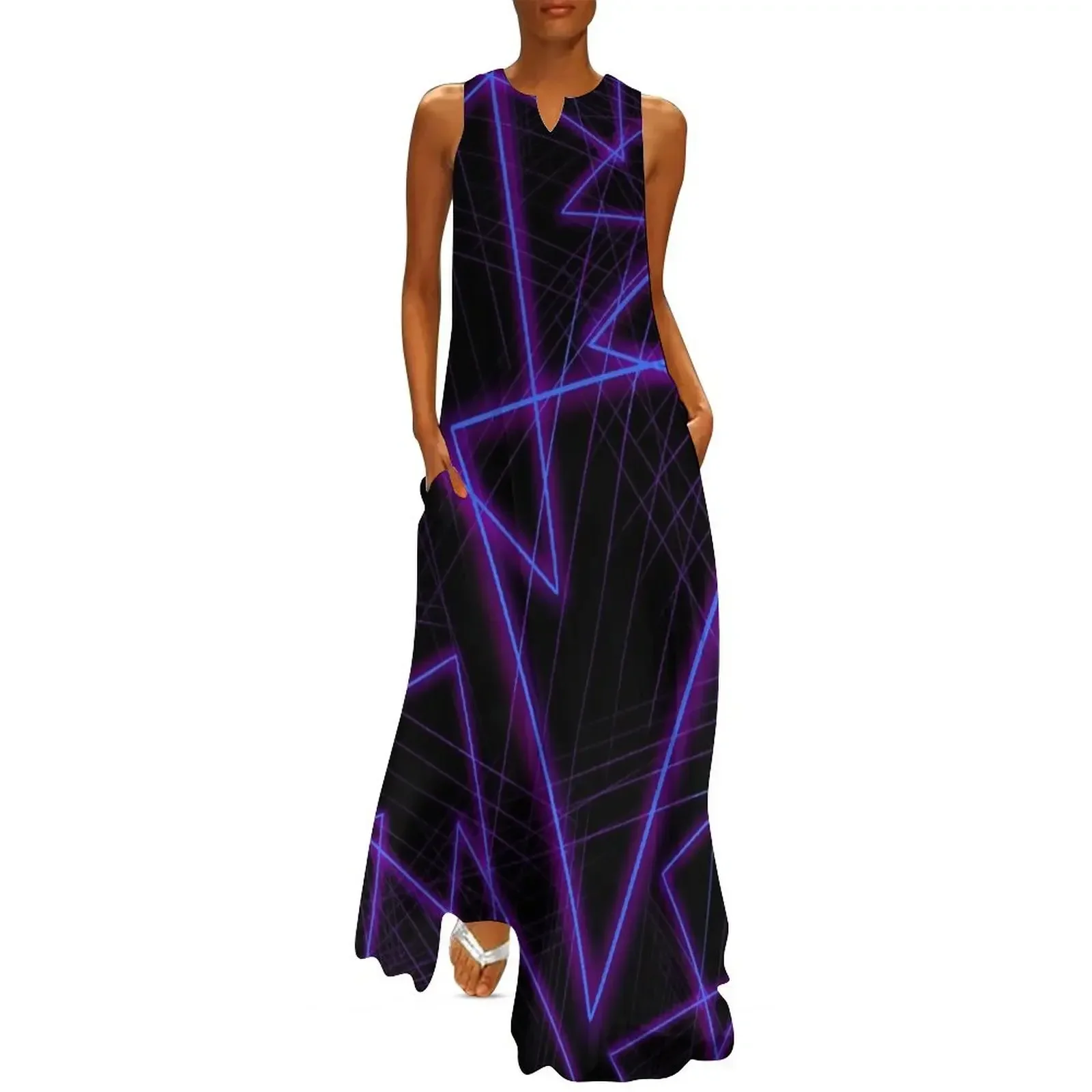 

Neon Blue Purple 80s Triangles Long Dress Women's skirt Dress