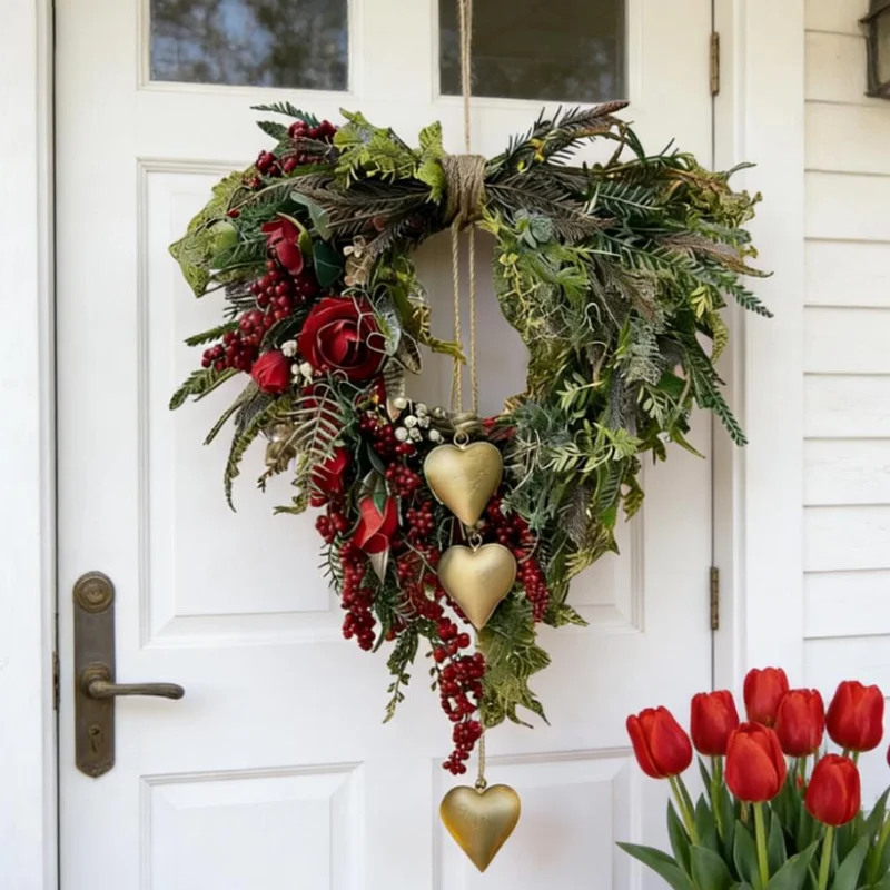 

Венок в форме сердца ко Дню святого Валентина для входной двери, декоративный, 1/2/3/5/10 шт., искусственный венок из зелени с красными розами, ягодами и винтажными колокольчиками в форме сердца