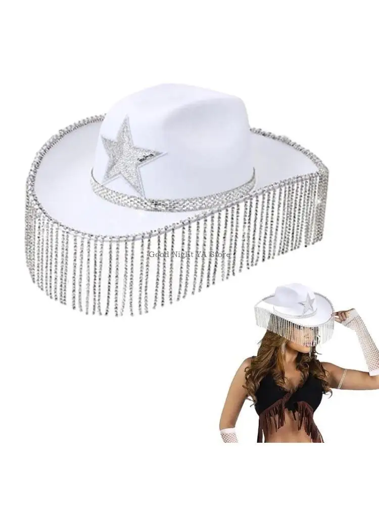 

Adult Sequins Star Cowboy Hats with Diamond Fringes Woman Western Cowgirl Hat Model Show Performances Photography Hat