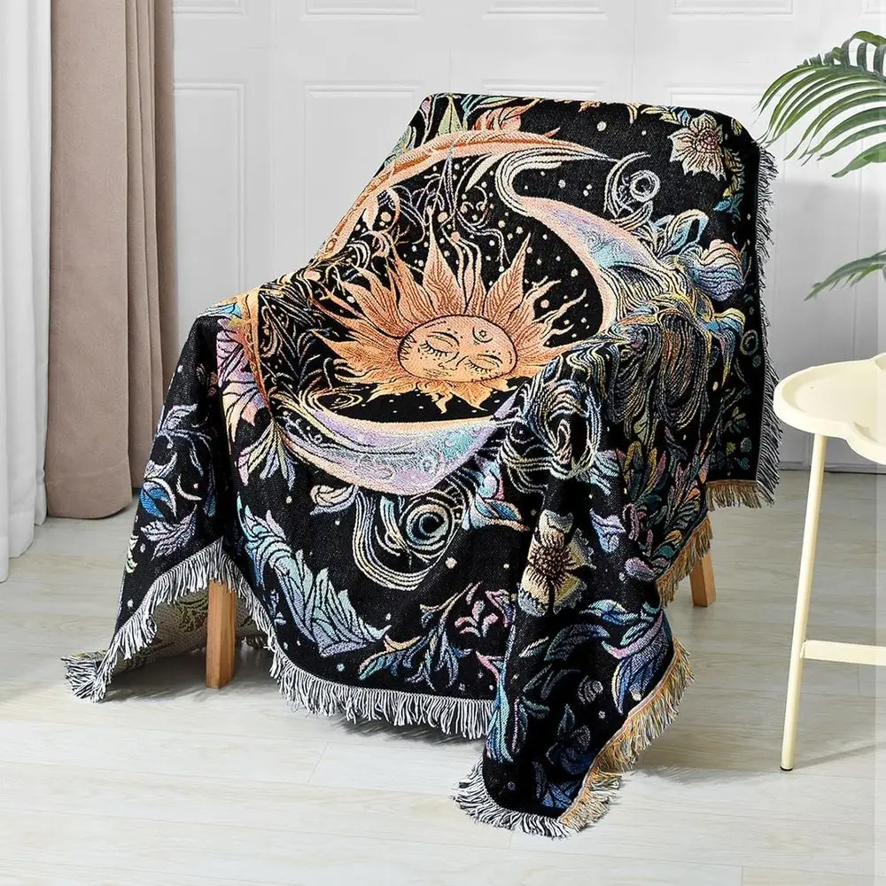 

Boho Throw Blanket Reversible Cotton Boan Tapestry Hippie Room Decor Outdoor Blanket Double Sided (Boho Sun Black 50"x60")