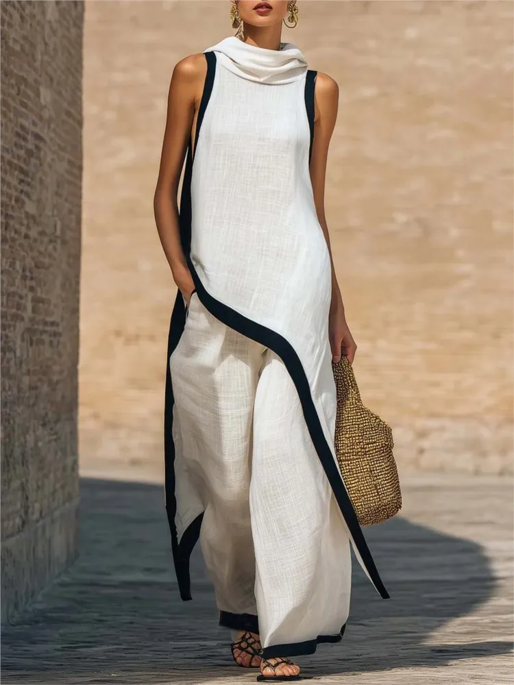 

Women's New Two-piece Sets Sleeveless Contrasting Color Wide-leg Trousers Summer Casual Fashion Solid Irregular Suit For Women