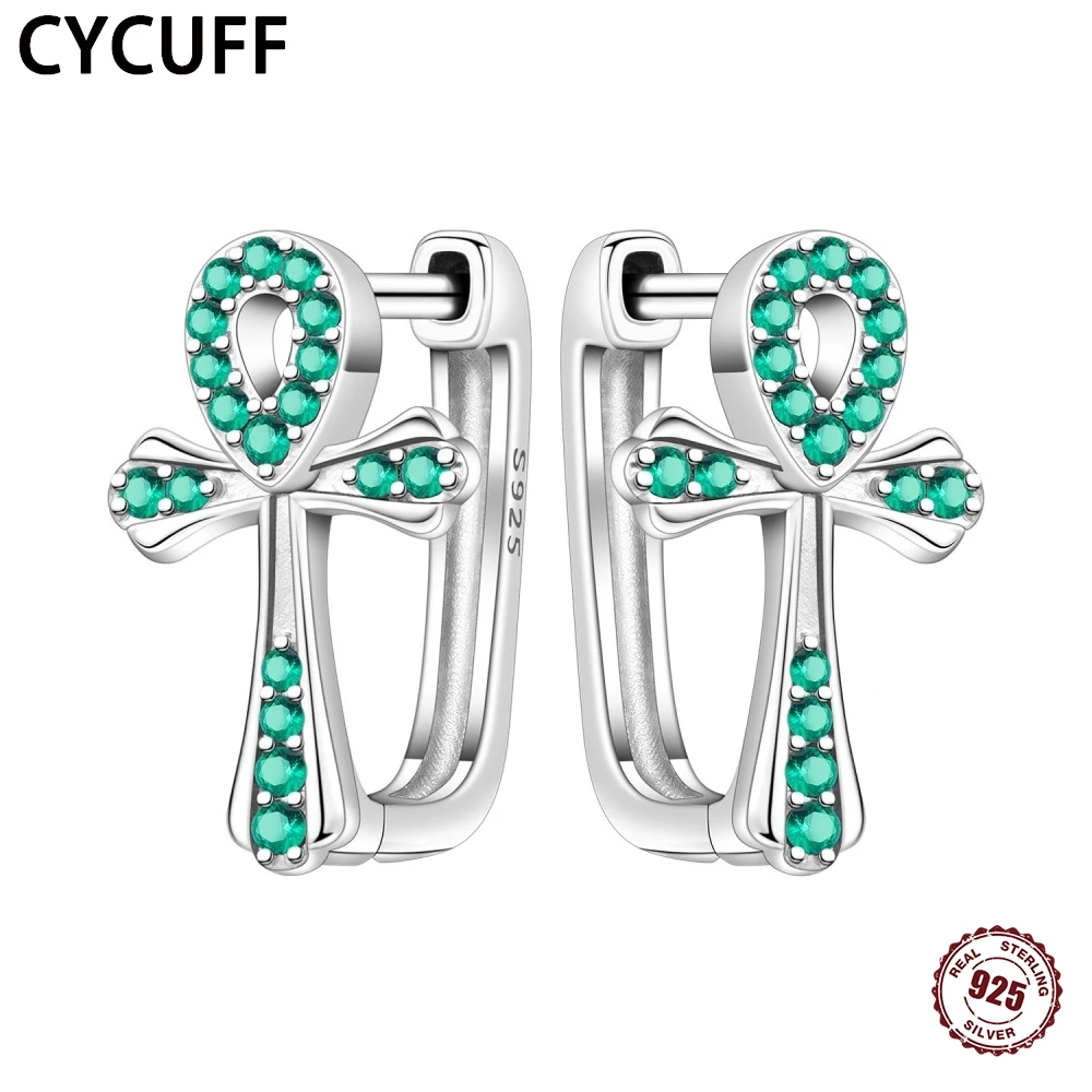 

CYCUFF 925 Sterling Silver Retro Cross Earring Green Zirconia Hoop Earrings For Women Party Dating Trendy 2025 Jewelry DIY Gifts