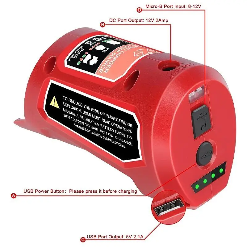 Imagem -04 - Substituição da Fonte de Alimentação para Milwaukee 12v Carregador de Bateria 48591201 4924-231 Adaptador de Alimentação Portátil com Porta Usb 2.1a