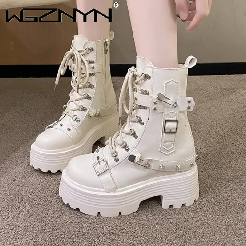 2024 Women Leather Punk Boots High Platform Chunky Sneakers Autumn 9CM Wedge Heels Mid-Calf Boots Woman Winter Motorcycle Boots